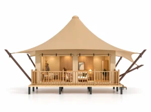 Safari Tent – Square exterior render with a pointed roof and a front deck with railings.