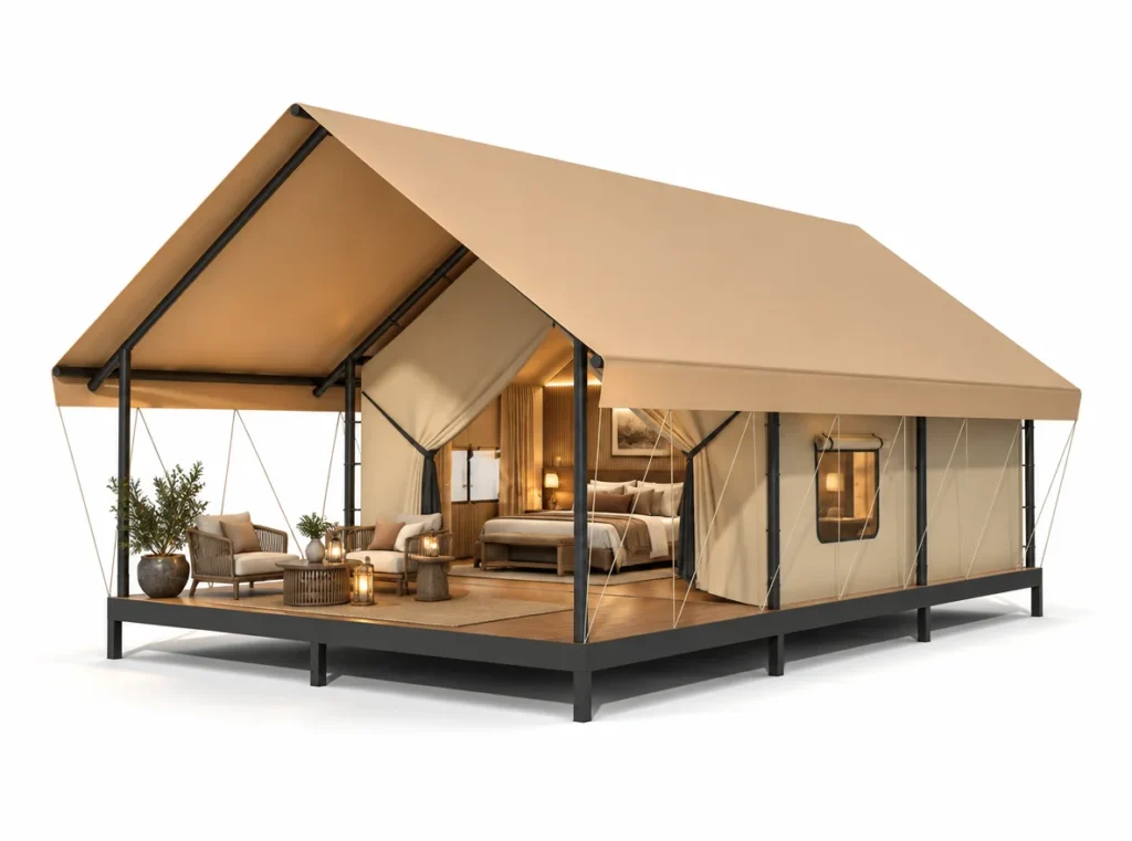 Safari Tent – Superstar exterior render with a pitched roof and furnished covered terrace.
