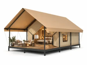 Safari Tent – Superstar exterior render with a pitched roof and furnished covered terrace.