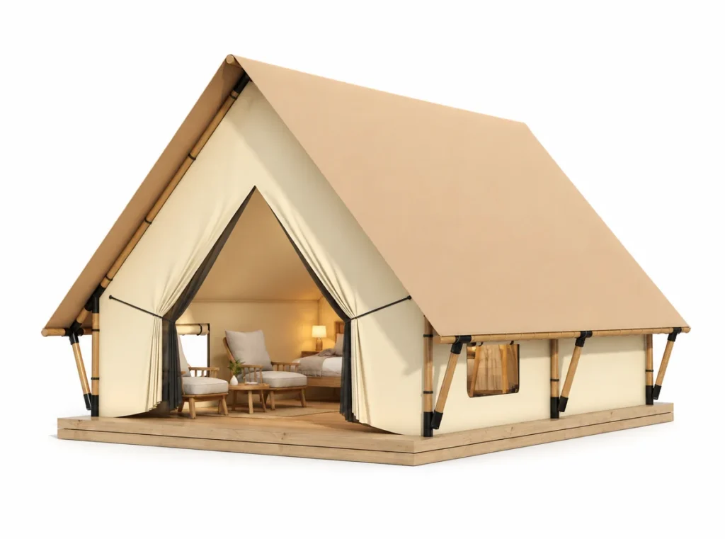 Safari Tent – Taurus exterior render with a tan pitched roof and an open entrance.