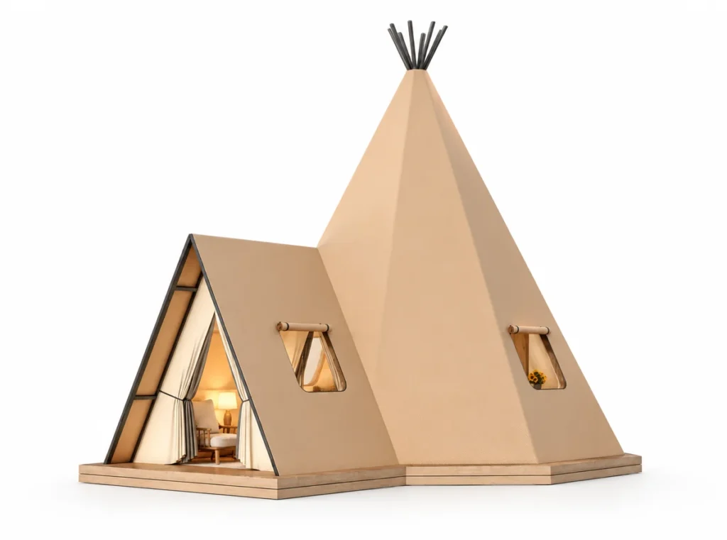 Safari Tent – Teepee exterior render with a tall conical roof and an A-frame entrance.