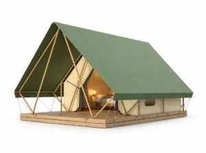 Safari Tent – Vega exterior render with a green pitched roof and an open covered porch.