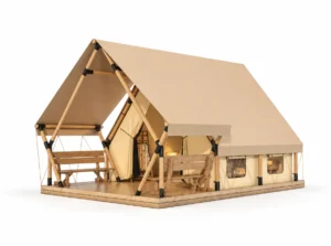 Safari Tent – Vega Plus exterior render with an extended triangular porch frame and furnished interior.