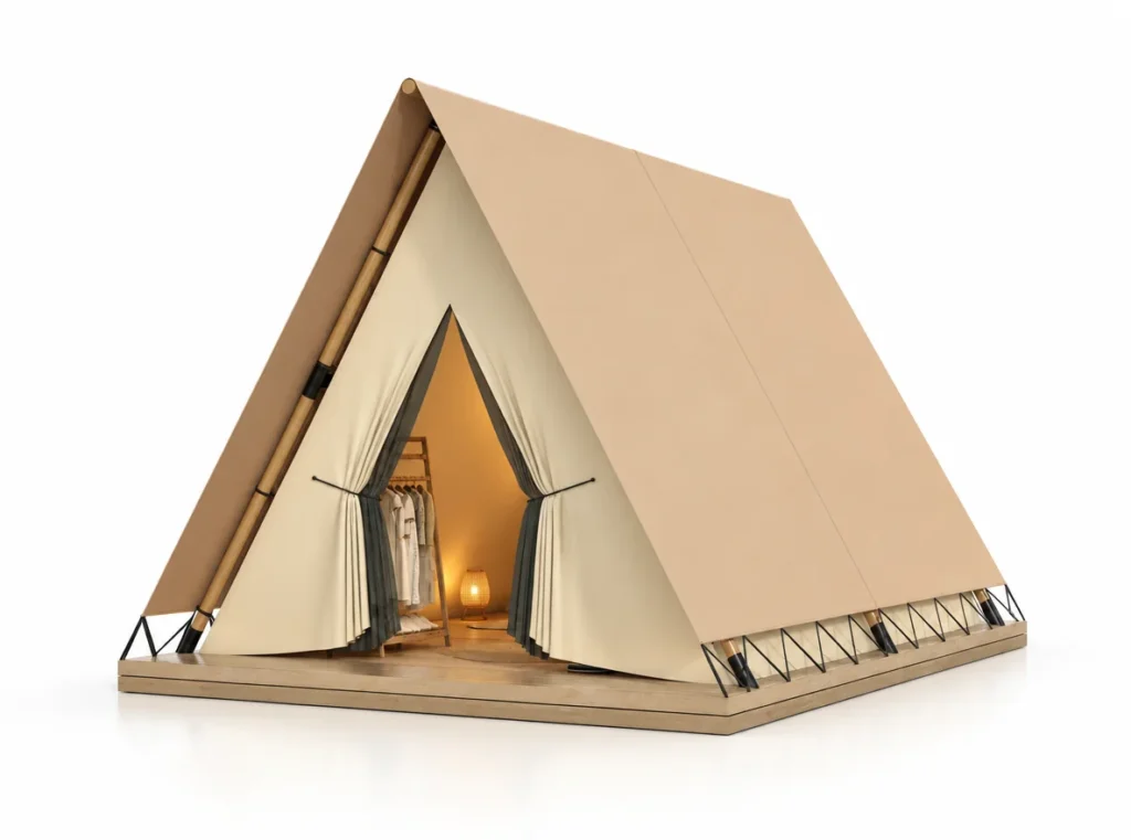 Safari Tent – Venus exterior render with a steep triangular roof and an open entrance.