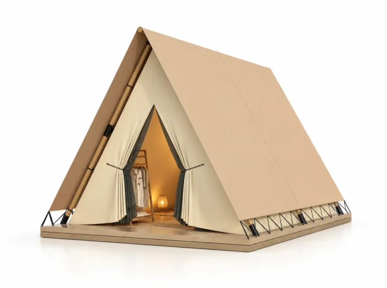 Safari Tent – Venus exterior render with a steep triangular roof and an open entrance.