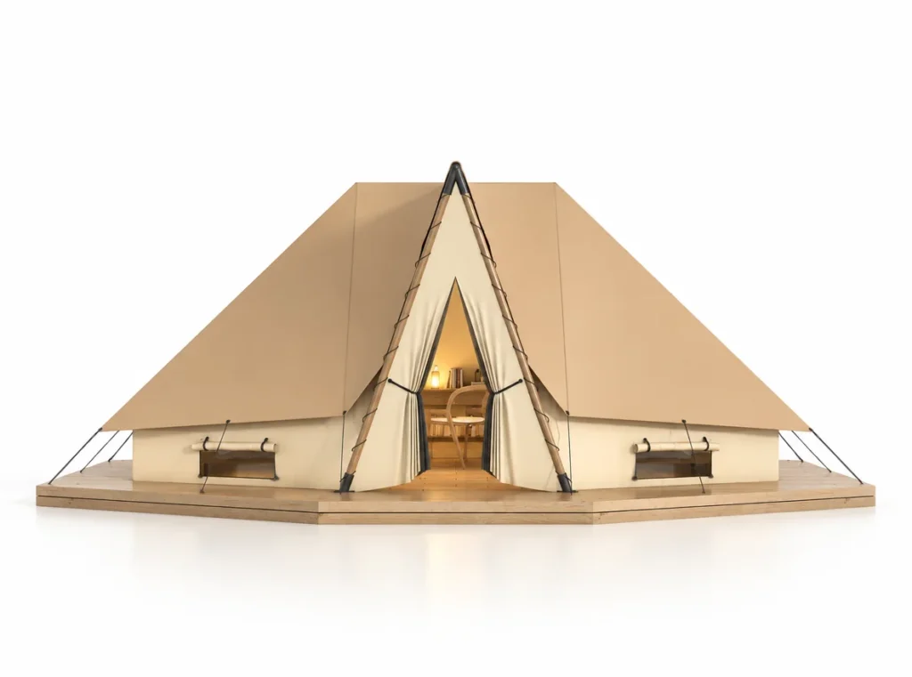 Safari Tent – Virgo exterior render with a triangular front entrance and wide canvas roof.