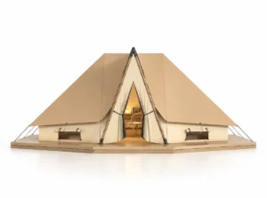 Safari Tent – Virgo exterior render with a triangular front entrance and wide canvas roof.