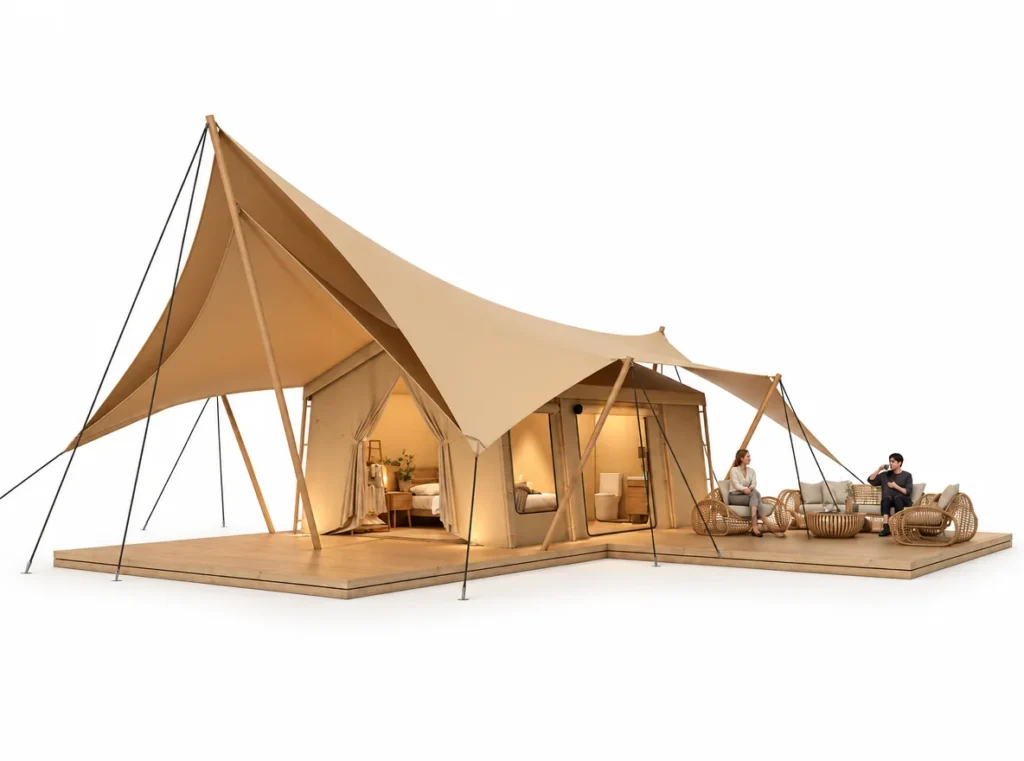 Safari Tent – Wild exterior render with a tall peaked canopy and open front terrace.