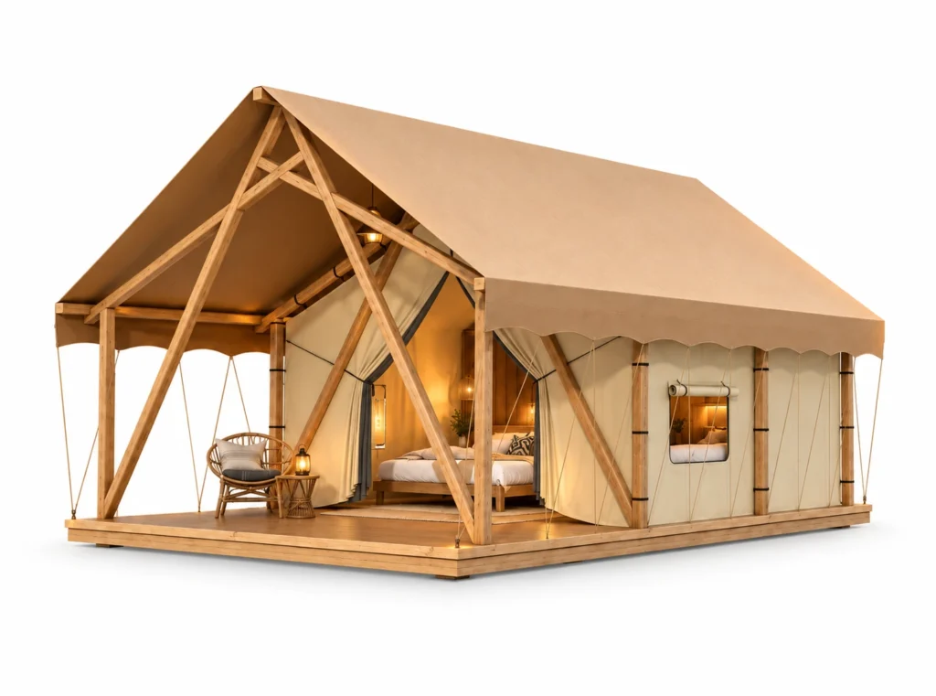 Safari Tent - Chalet exterior render with tan gable roof, timber frame and covered terrace on a white background.