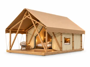 Safari Tent - Chalet exterior render with tan gable roof, timber frame and covered terrace on a white background.