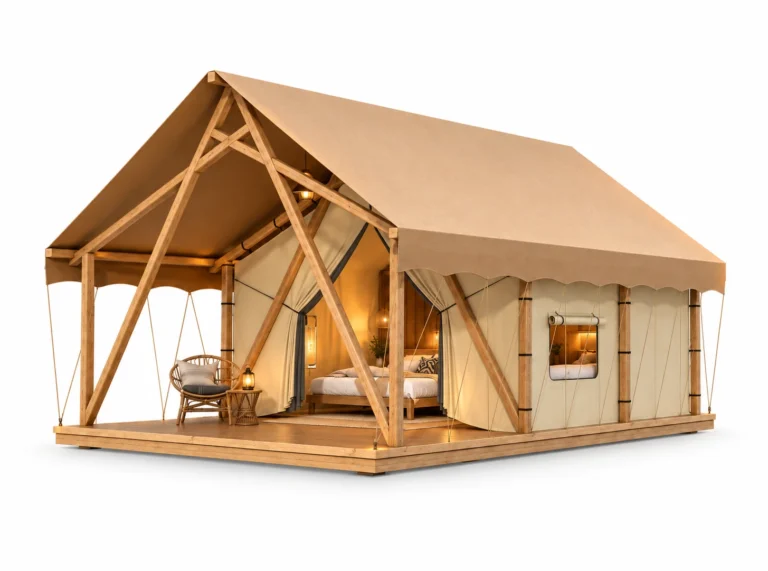Safari Tent - Chalet exterior render with tan gable roof, timber frame and covered terrace on a white background.