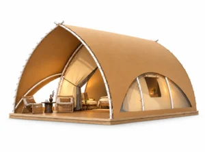 Safari Tent - Jupiter exterior render with arched tan canopy and furnished covered deck on a white background.