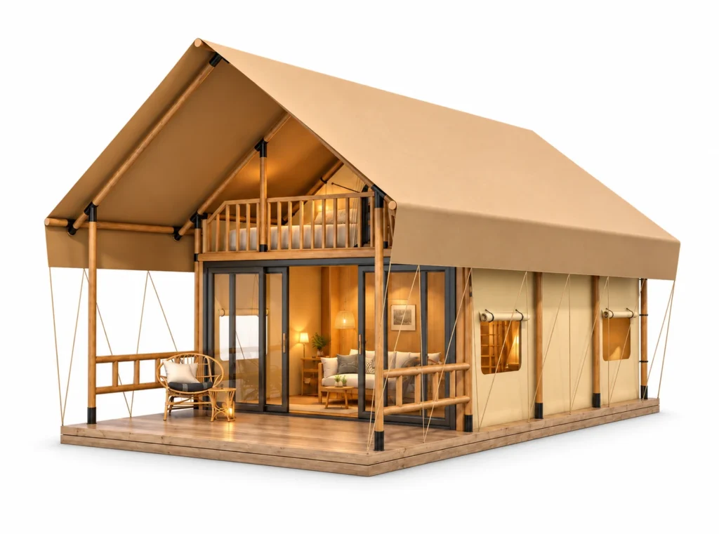 Safari Tent - Loft exterior render with tan gable roof, upper balcony and glazed front on a white background.
