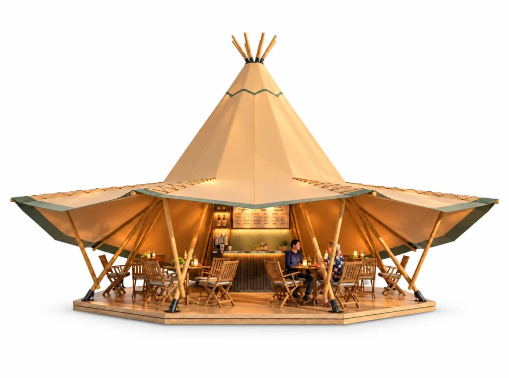 Safari Tent - Tipi exterior render with tipi canopy with raised sides and outdoor seating on a white background.